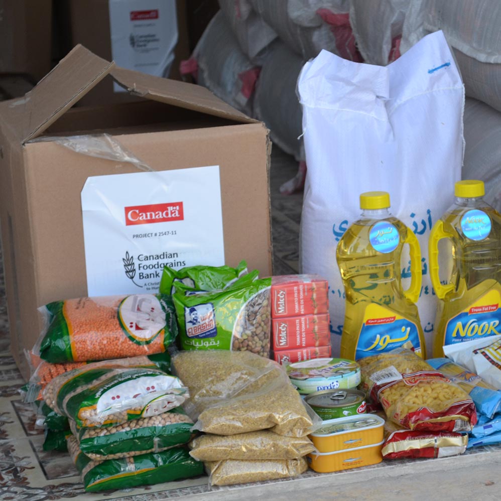 A sample of a typical emergency food ration box distributed to Syrian refugees living in Jordan